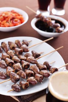 Grilled Chicken Hearts On Skewers Royalty Free Stock Photos