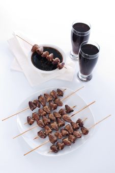 Grilled Chicken Hearts On Skewers Stock Photos