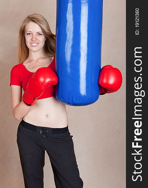 Beautiful Woman With Red Boxing Gloves