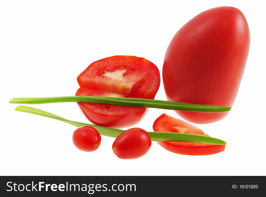 Plum and cherry tomatoes with chive isolated on white