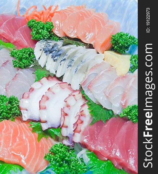 Mixed sashimi, raw fish already for eat.