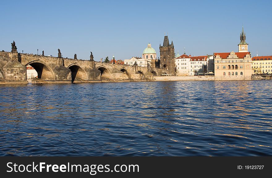 Panorama of Prague Charles Bridge and Old Town Bridge Tower. Panorama of Prague Charles Bridge and Old Town Bridge Tower