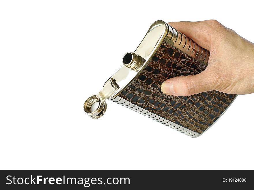 Hunting flask in the hand isolated on white background