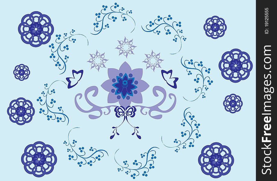 Abstract floral ornament on blue. Illustration.