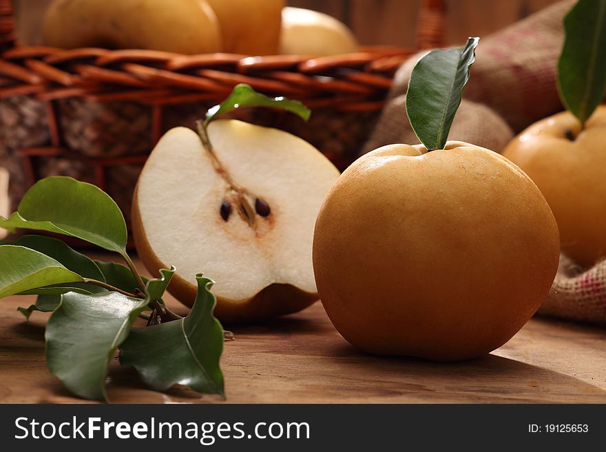 A basket of juicy pears. A basket of juicy pears