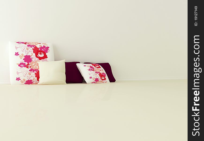 Beautiful color and floral pillows on the floor in the empty room, 3d render
