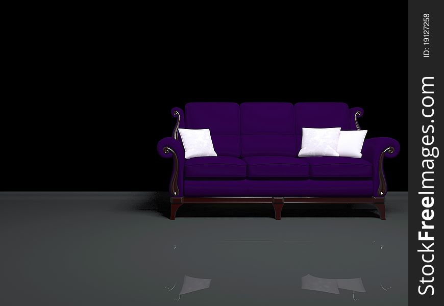 Modern interior design, empty dark room with big classic violet sofa, 3d render