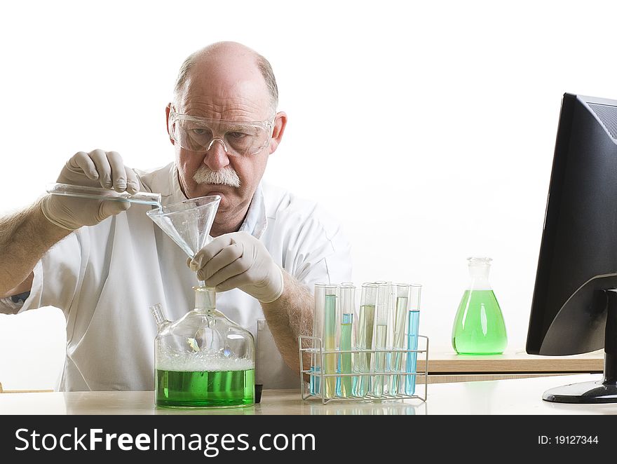 Scientist working with chemicals isolated on white