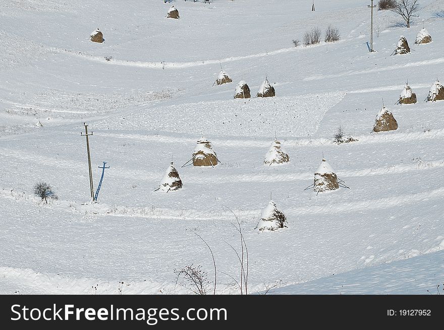 Haystacks at winter