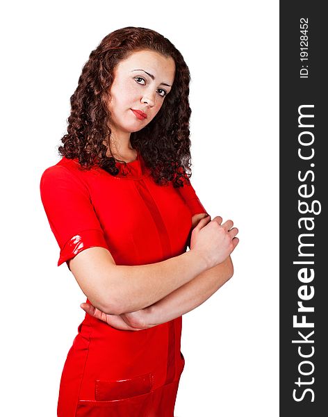 Charming girl in red dress on white background. Official style.