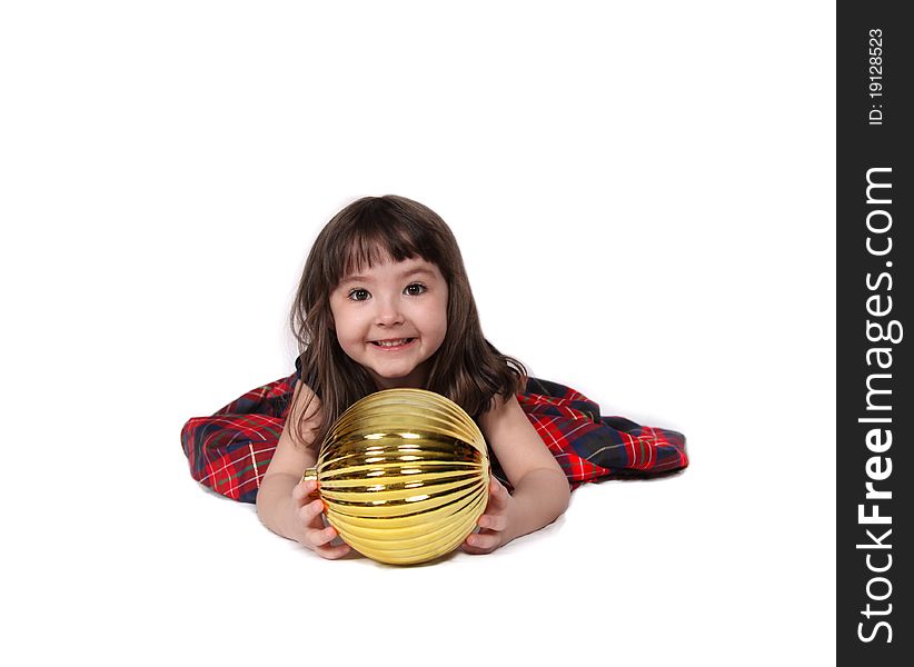 Sweet little girl playing with large christmas bulb isolated on white. Sweet little girl playing with large christmas bulb isolated on white