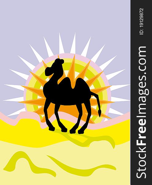 Camel in desert under sun. illustration.