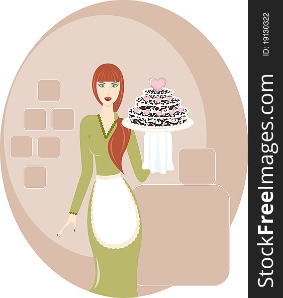 Girl/woman with cake on kitchen