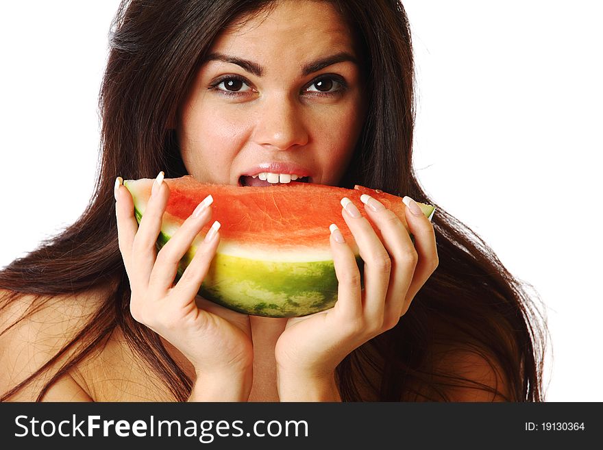 Woman hold watermelon in hands isolated on white. Woman hold watermelon in hands isolated on white
