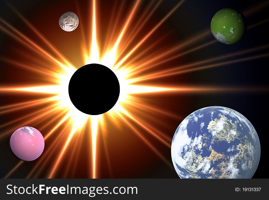 Planets and solar eclipse in cosmos. Universe