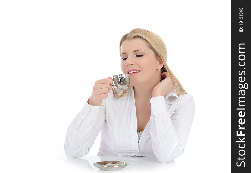 Pretty business woman drinking cup of espresso coffee. isolated on white. Pretty business woman drinking cup of espresso coffee. isolated on white