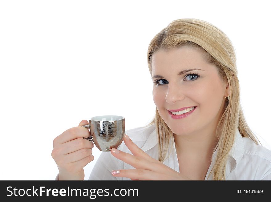Pretty business woman drinking cup of espresso coffee. isolated on white. Pretty business woman drinking cup of espresso coffee. isolated on white