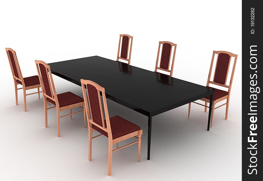 Six wooden chairs and black table of ceramics on a white background №1