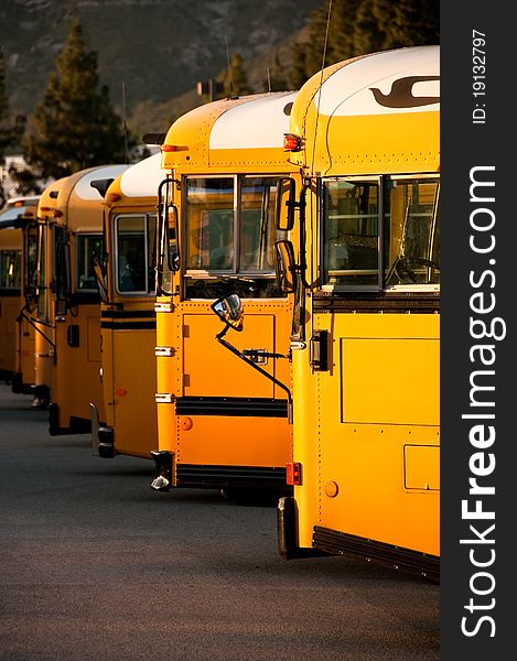 Parked buses waiting for school children. Parked buses waiting for school children.