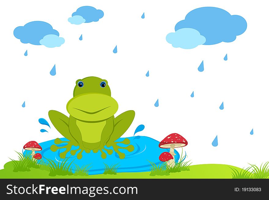 Illustration of frog sitting in rainy day on natural background. Illustration of frog sitting in rainy day on natural background