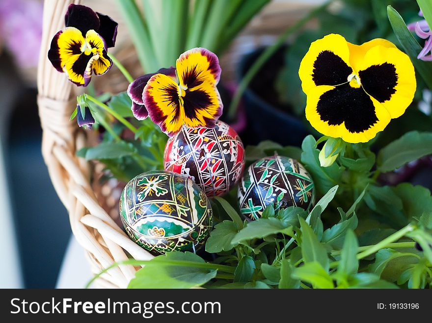 Flowers And Traditional Easter Eggs