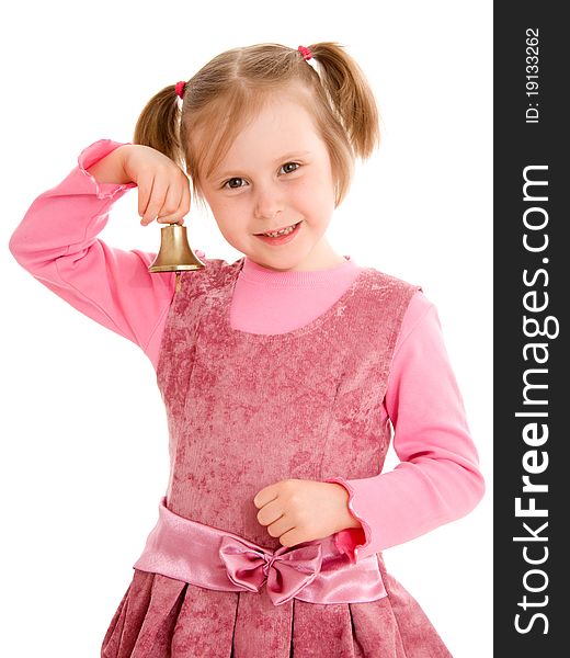 A girl with a bell on a white background.