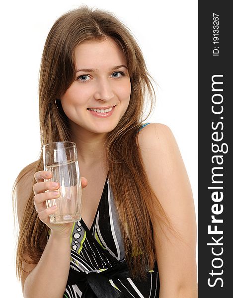 Young woman with glass of water isolated against white background
