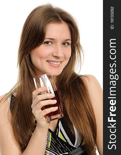 Young woman with glass of water isolated against white background