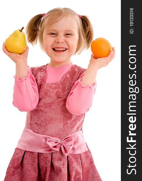 Girl with fruit on a white background.