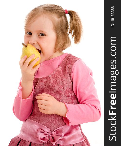 Girl with fruit on a white background