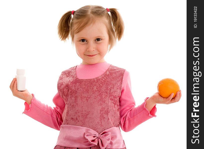 Girl with fruit on a white background