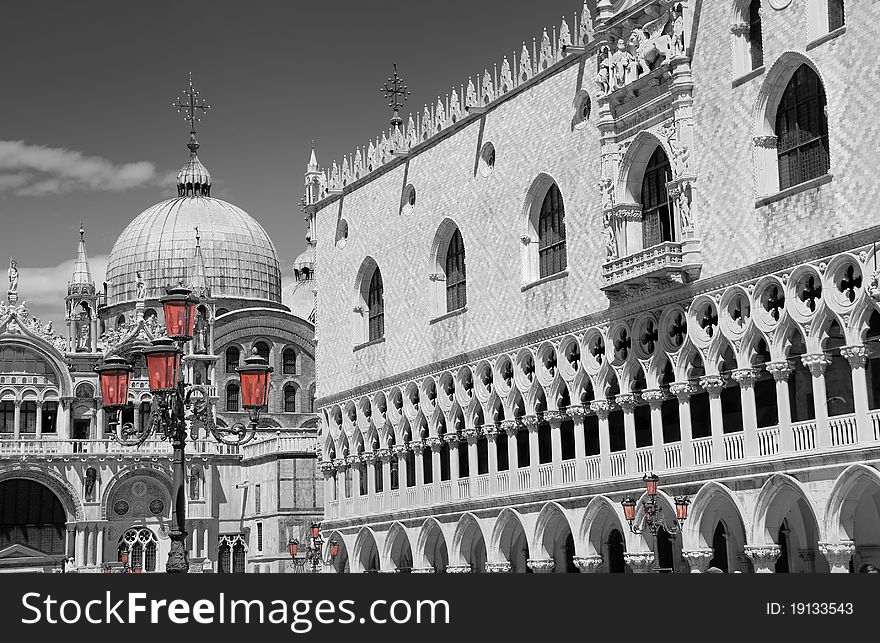 Pink lantern near to the San Marco basilica and Doge's palace on the San Marco square in Venice, Italy. Pink lantern near to the San Marco basilica and Doge's palace on the San Marco square in Venice, Italy.