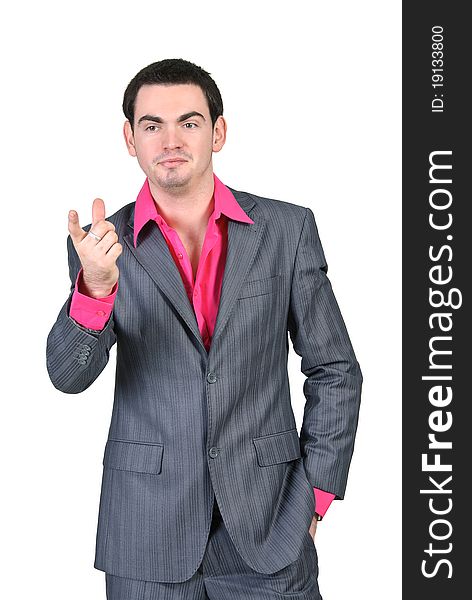 Business man in a gray suit and pink shirt, points his finger