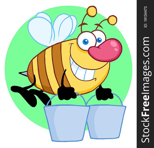 Worker bee carrying two buckets over a green circle. Worker bee carrying two buckets over a green circle