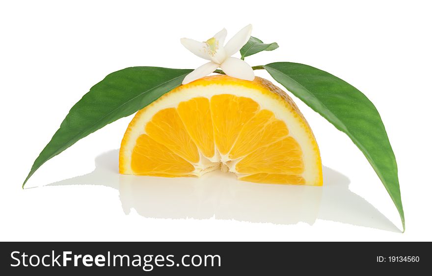 Orange, flower and slice.
 Isolated on a white background.