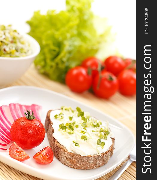 Tasty sandwich with cream cheese, germ and vegetables