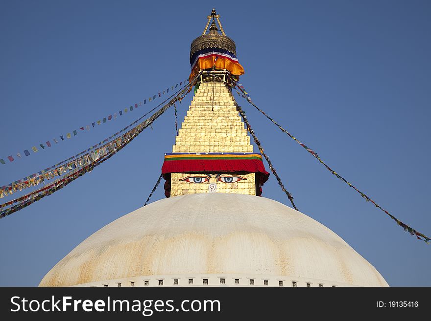 Boudhanath Stupa and prayer flags in Kathmandu, Nepal. Boudhanath Stupa and prayer flags in Kathmandu, Nepal
