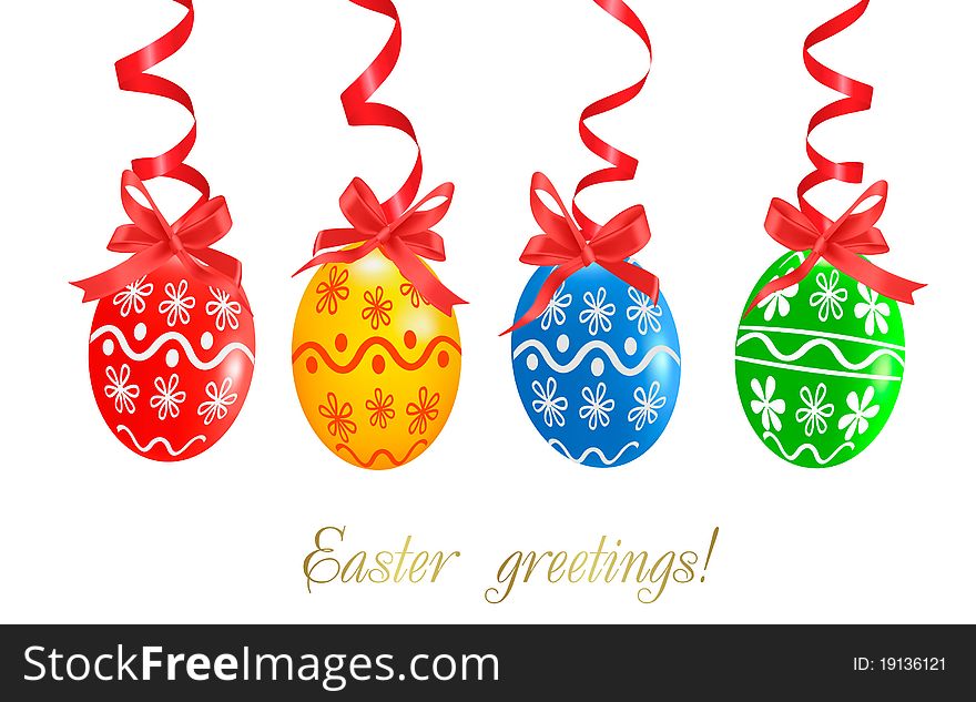 Colorful Easter Eggs with red ribbons. Vector illustration.