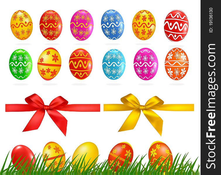 Big collection of different Easter eggs, tree, ribbons. vector illustration.
