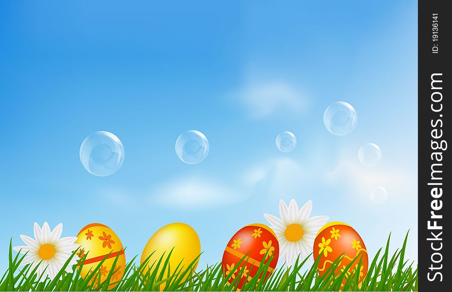 Easter eggs and chickens on green grass. Vector illustration.