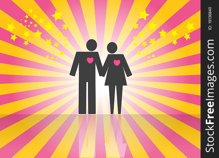 Couple on pink ray background with space for text