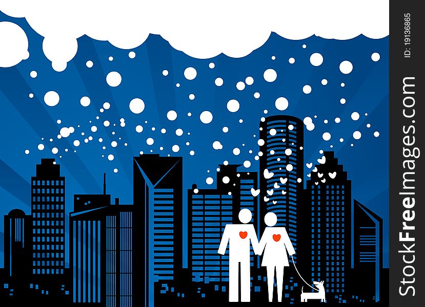 Couple and dog on the winter night city background