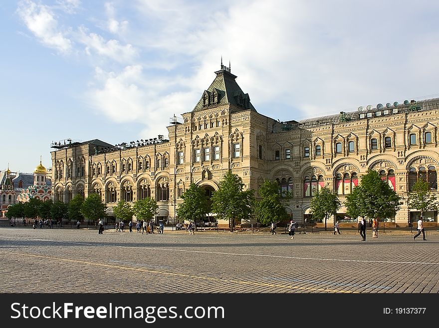 View of facade of GUM from Red Square, Moscow, Russia.