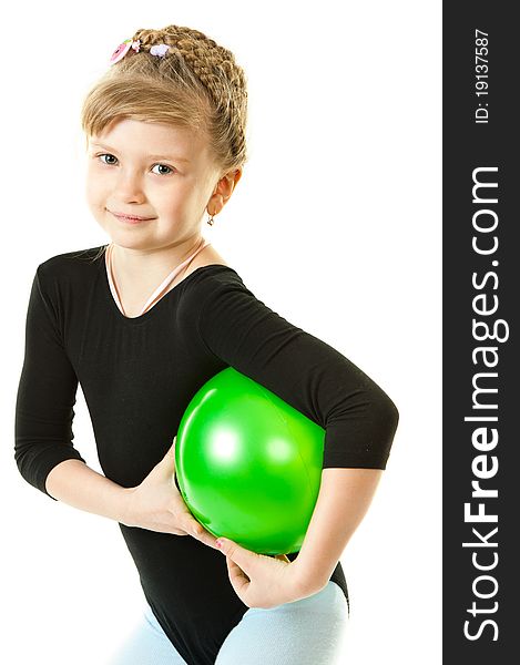 A cute girl holding a green ball isolated in a white background. A cute girl holding a green ball isolated in a white background