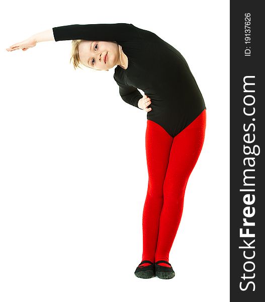 A girl doing bend exercise isolated in a white background. A girl doing bend exercise isolated in a white background