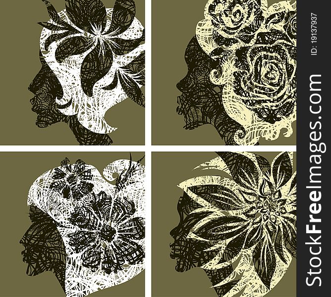 Vector set of grunge vintage girls hair with flowers (from my big Floral collection)