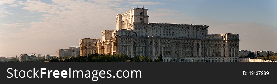 Romania, Bucharest, The Palace Of The Parliament in the morning sunrise. The image was made out of several high resolution vertical shots, merged into a big horizontal one. Romania, Bucharest, The Palace Of The Parliament in the morning sunrise. The image was made out of several high resolution vertical shots, merged into a big horizontal one.