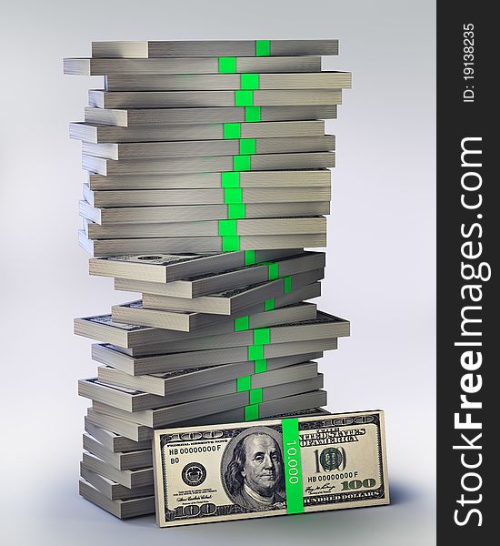 Many big packs of dollars over white sacking 3d render. with clipping path