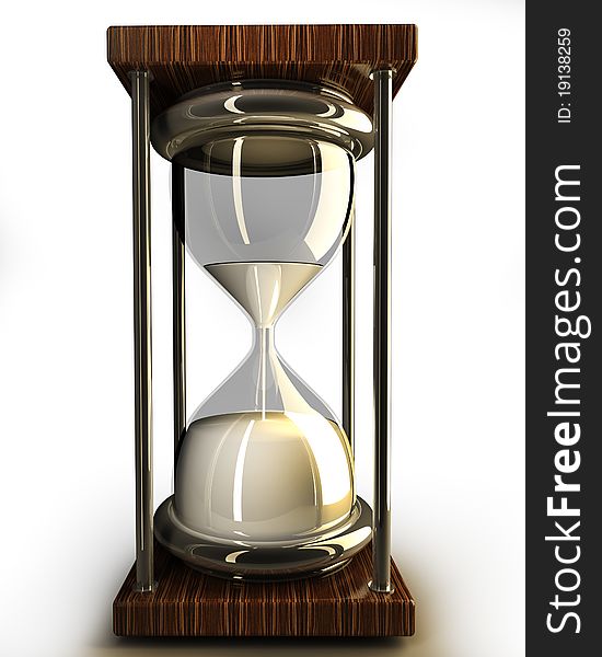 Closeup of hourglass in warm on white background 3d render. Closeup of hourglass in warm on white background 3d render