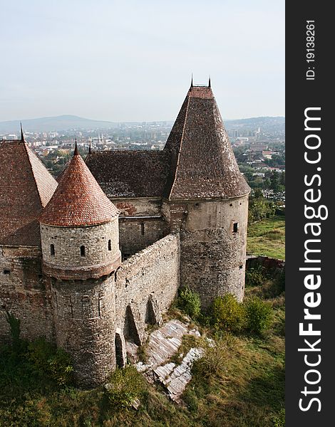 View of the towers of the medieval castle in Hunedoara. View of the towers of the medieval castle in Hunedoara.